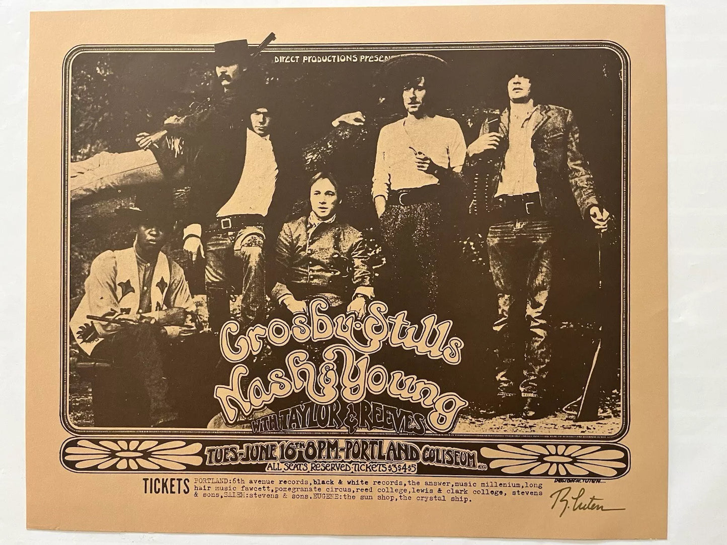 Original Poster - Crosby Stills Nash & Young - Portland Coliseum 6/16/1970 - Signed By Artist Randy Tuten